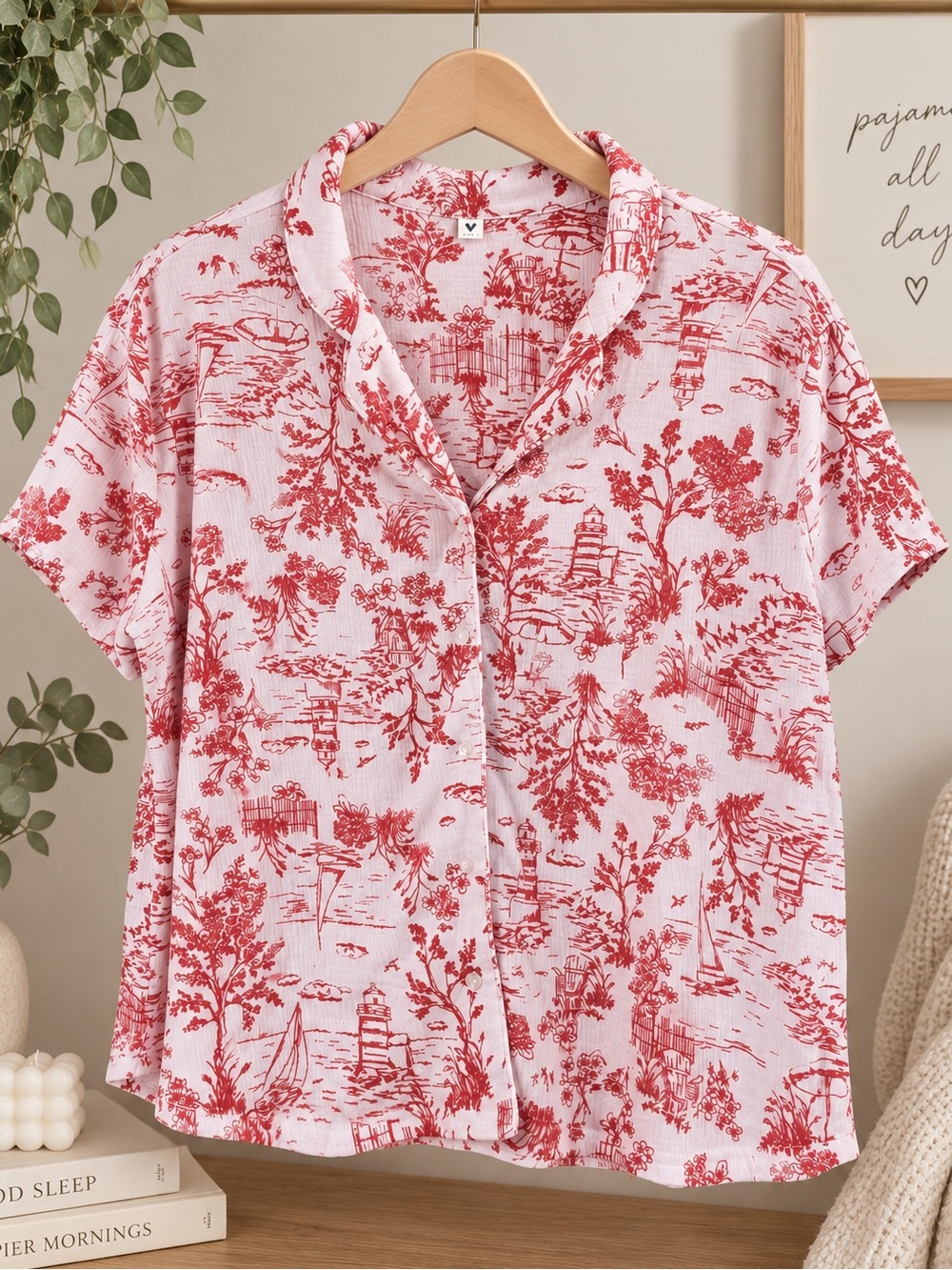 Laura Ashley White Button-Up pajama Shirt with Red Toile Print p